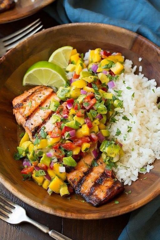 Grilled Lime Salmon with Avocado-Mango Salsa and Coconut Rice