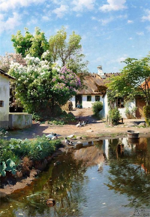 Spring Day At A Thatched House With Blooming Lilacs By Peder Mork Monsted, Oil Painting