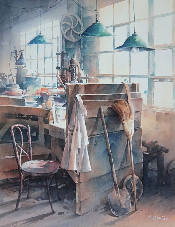 Old Workshop By Christian Graniou, Watercolor Painting