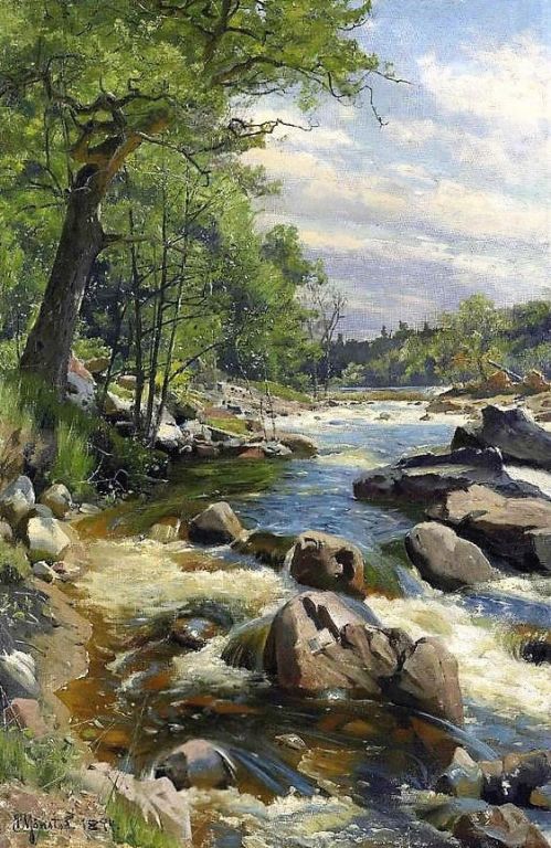A Fast Flowin River By Peder Mork Monsted, Oil Painting