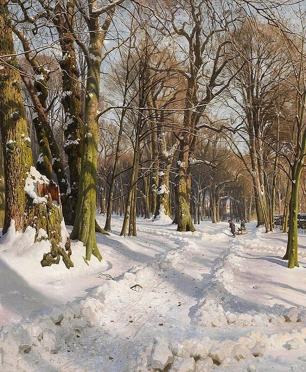 Snowy Forest Road By Peder Mork Monsted, Oil Painting