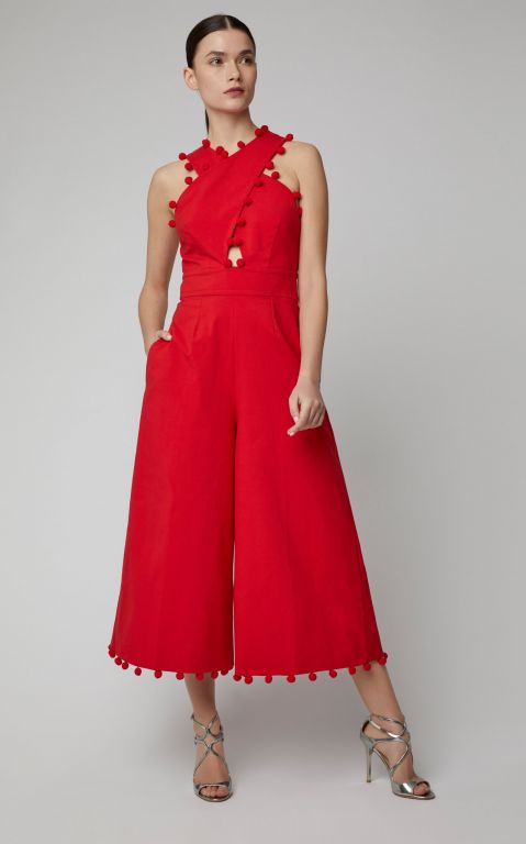 Oscar De La Renta Pom-Pom-Trimmed Cotton-Blend Halter Jumpsuit