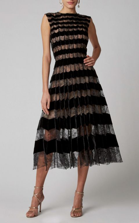 Oscar de la Renta Striped Pleated Lace Midi Dress