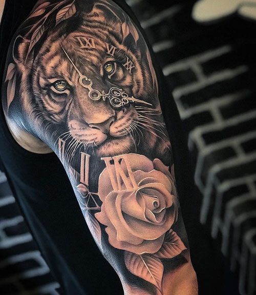 Cool Tiger Rose Shoulder Tattoo