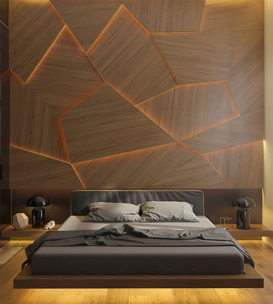 This Bedroom Has A Geometric Back Lit Wood Accent Wall