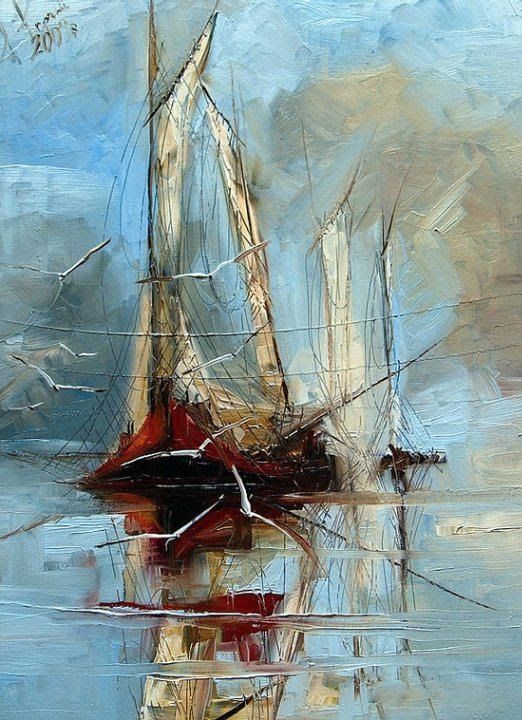 Seagulls And Sailboat By Justyna Kopania, Oil Painting