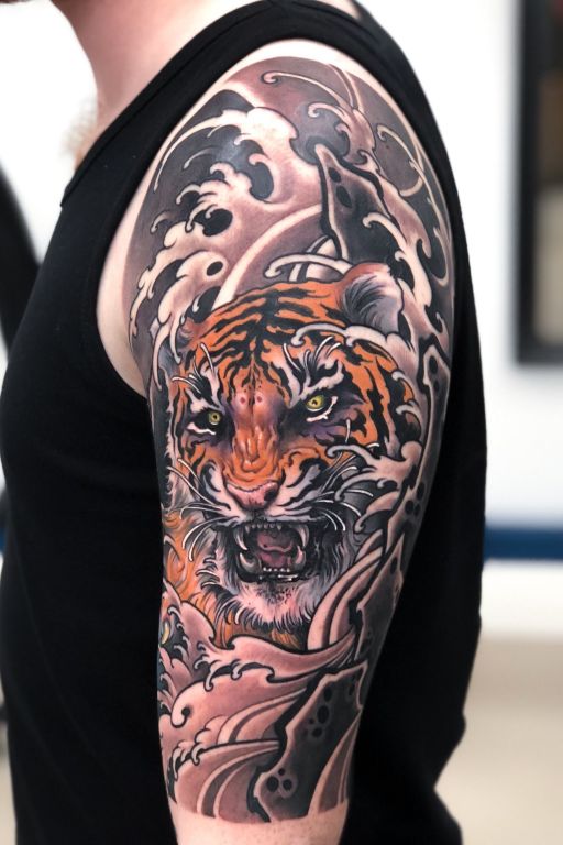 Tiger, Rocks and Waves Tattoo